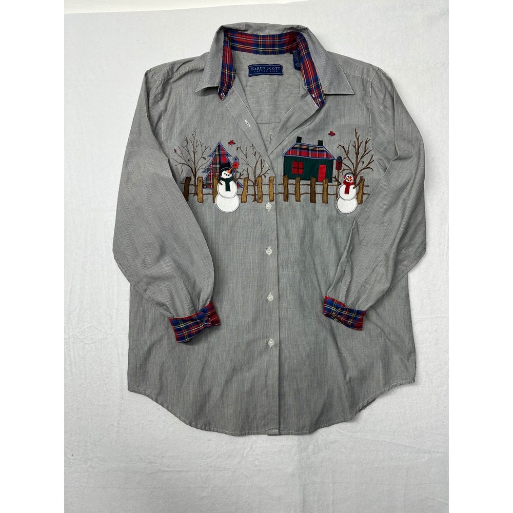 Karen Scott Striped Christmas Holiday Snowman Embroidered Top Blouse Medium